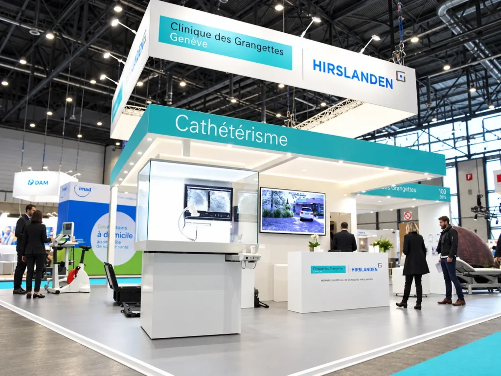 Stand d’exposition sur mesure pour la Clinique des Grangettes – Hirslanden à Palexpo Genève, avec bandeau suspendu, plafond lumineux et présentation d’équipements médicaux