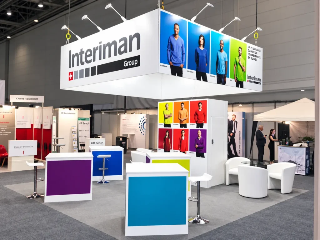 Stand d’exposition sur mesure pour le Groupe Interiman à Palexpo Genève, avec bandeau suspendu, comptoirs colorés et espace lounge
